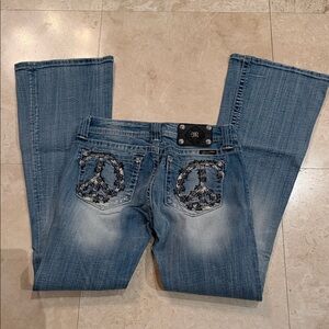 Miss Me Light Blue Flare Jeans with Peace Embroidery